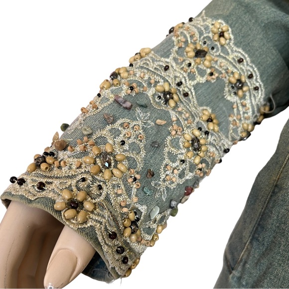 Vintage Kaity Jean Jacket Belted Button Front Bead Lace Sleeve Size Medium - Picture 8 of 16